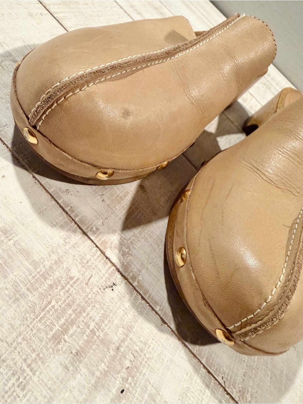 Bird of Flight Brown Leather Wood Sole Clog Mules Size 8.5 Studded Slip On Shoes - Picture 6 of 10